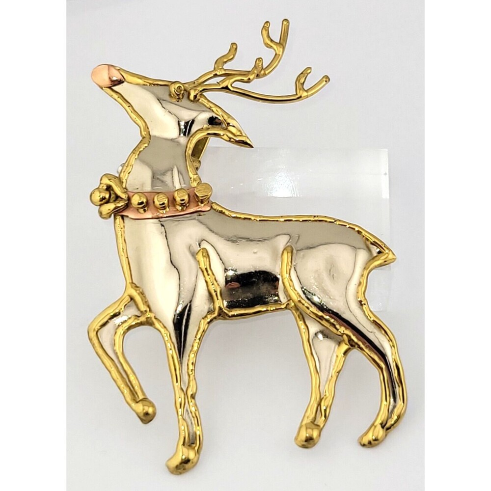 Vintage Mixed Metal Brass Copper Silver Rudolph Reindeer Christmas Brooch 3.75"